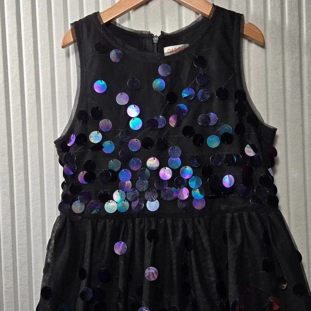 Cat &‎ Jack Girls Black Iridescent Sequin Mesh Party Dress Size M 7/8 Sleeveless